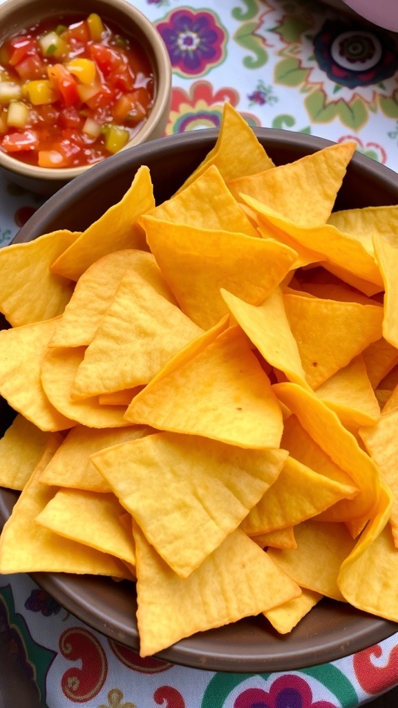 A bowl of crispy tortilla chips with salsa on a colorful tablecloth.